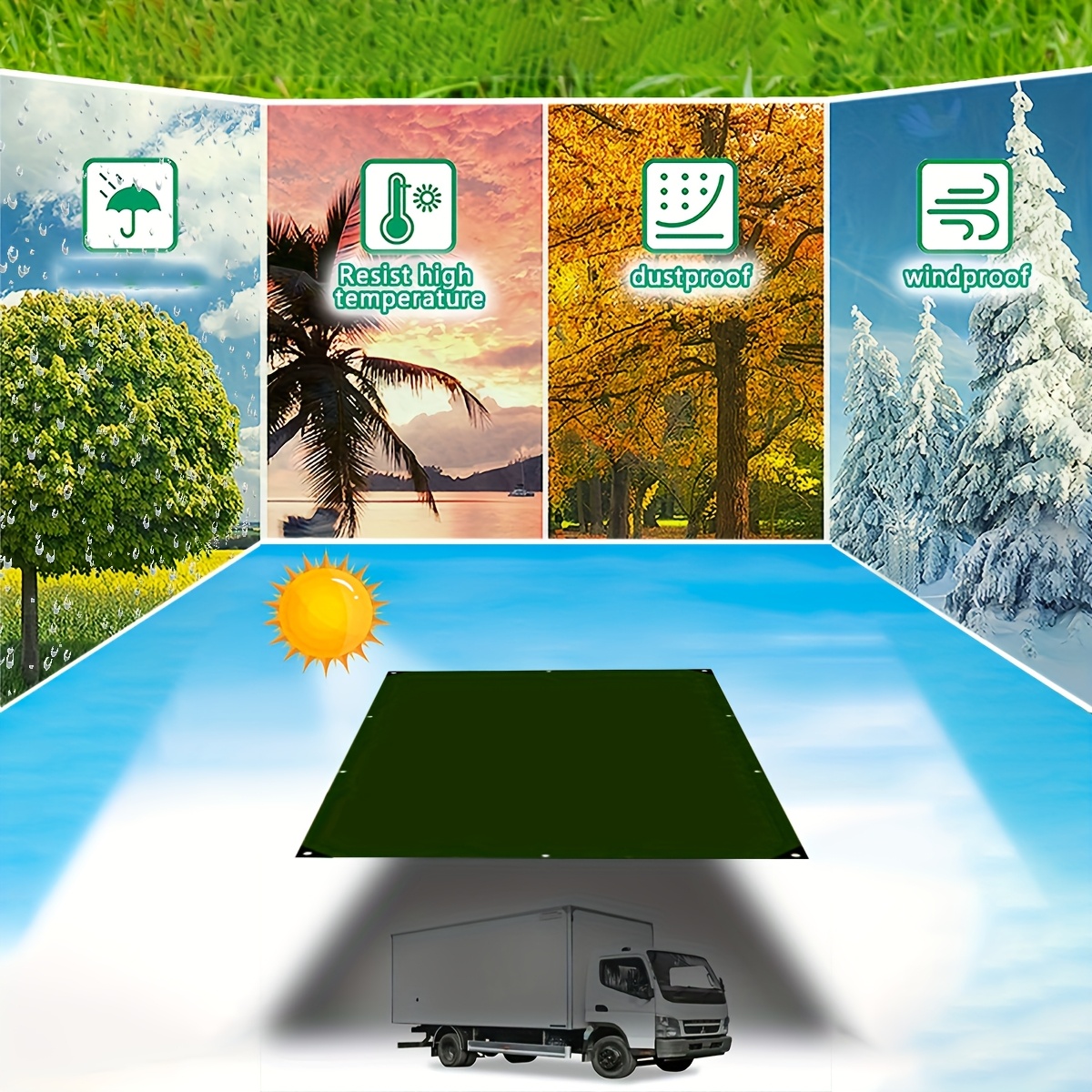 Outdoor Camping, Rooftops, Yards, Swimming Pools, Boats, And Garage Covers Are Suitable for Versatile Christmas Gifts. The Outdoor Awning Fabric Is in Green And Silver.