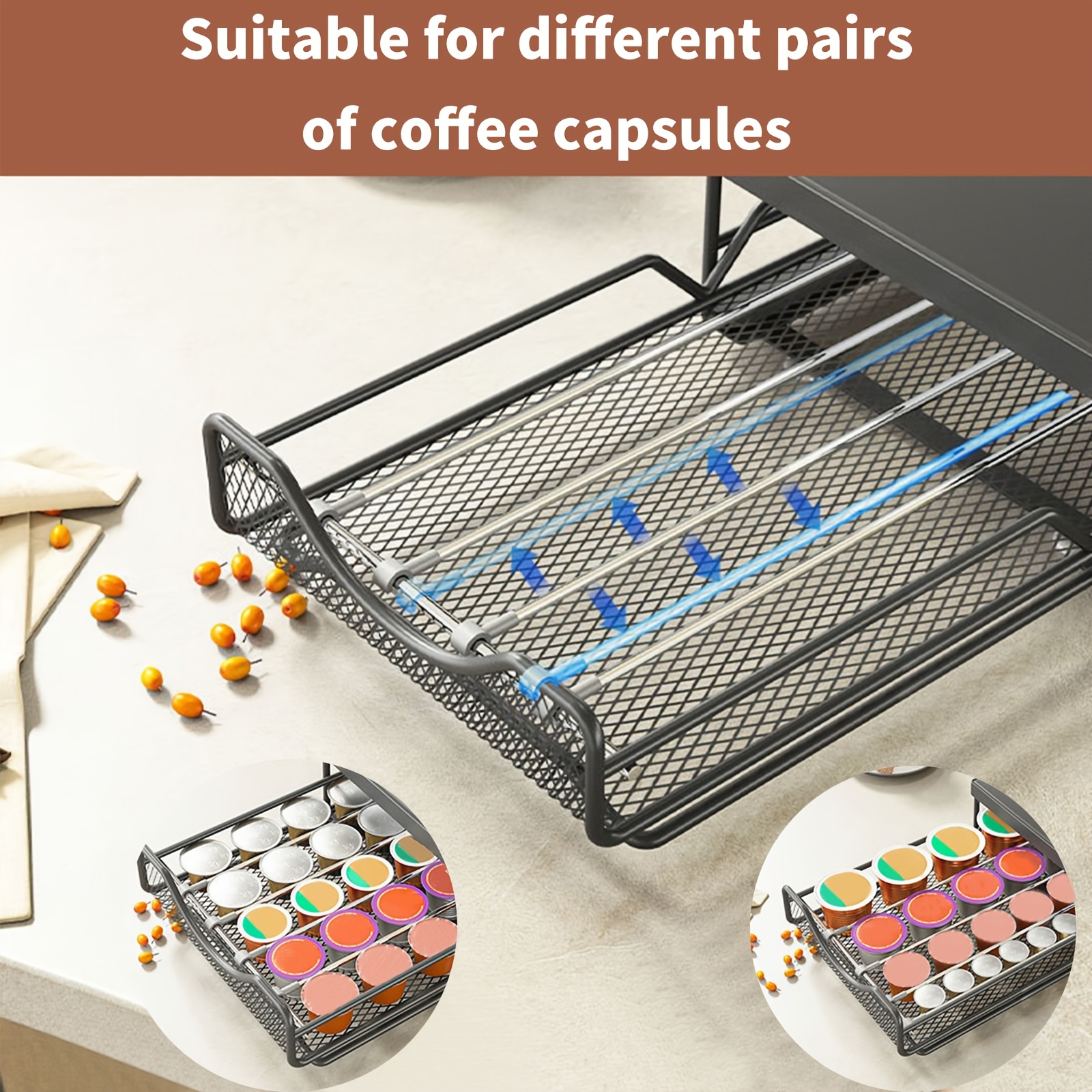 Image of Coffee Capsule Desktop Drawer Organizer With Mesh Non-slip Feet, Pull-out Storage Tray For Home Kitchen, Machine Storage Base, Black, 40 X 20 X 7 Cm