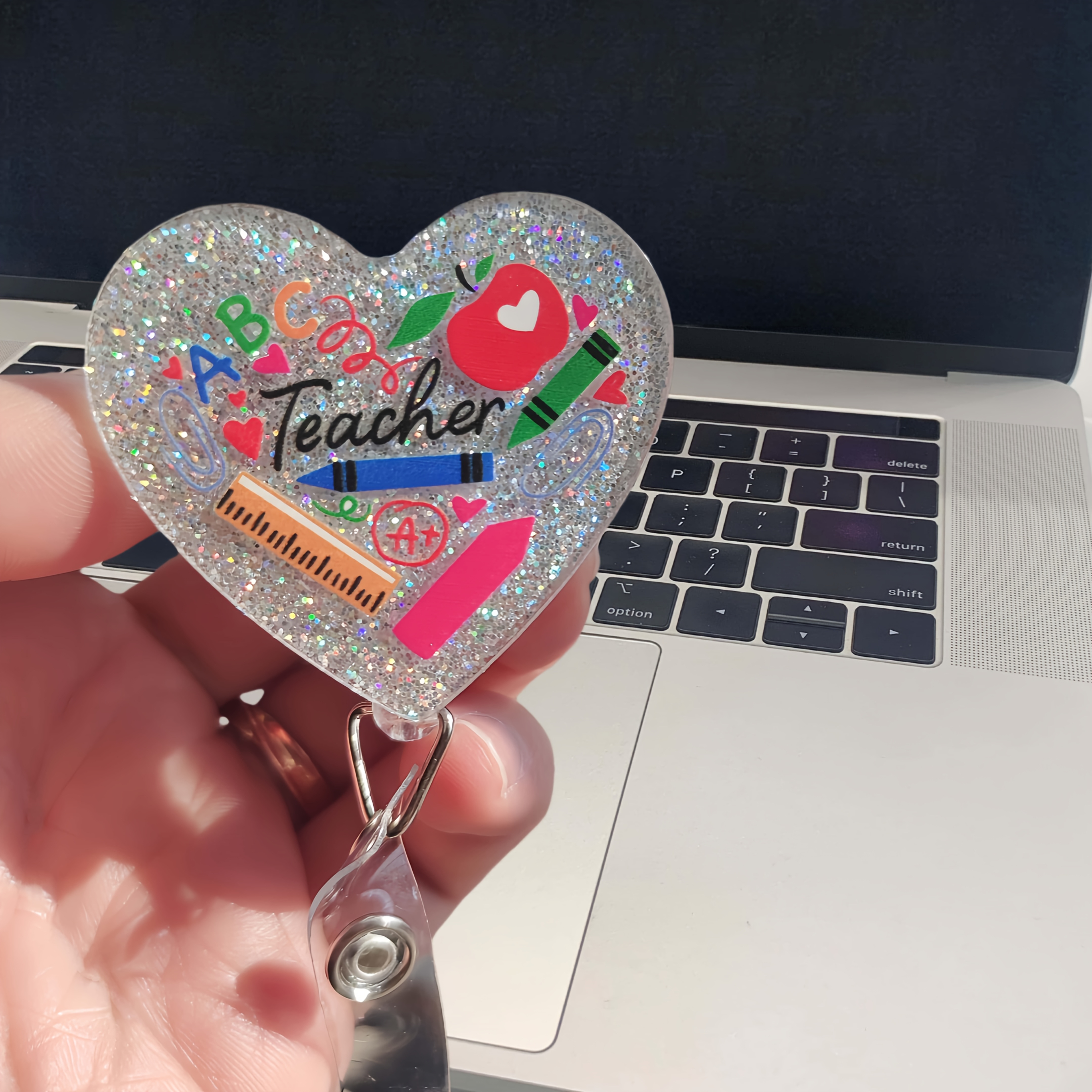 

Teacher's Heart-shaped Lanyard With Glittery Design - Acrylic () Material - Id Badges And Keychains