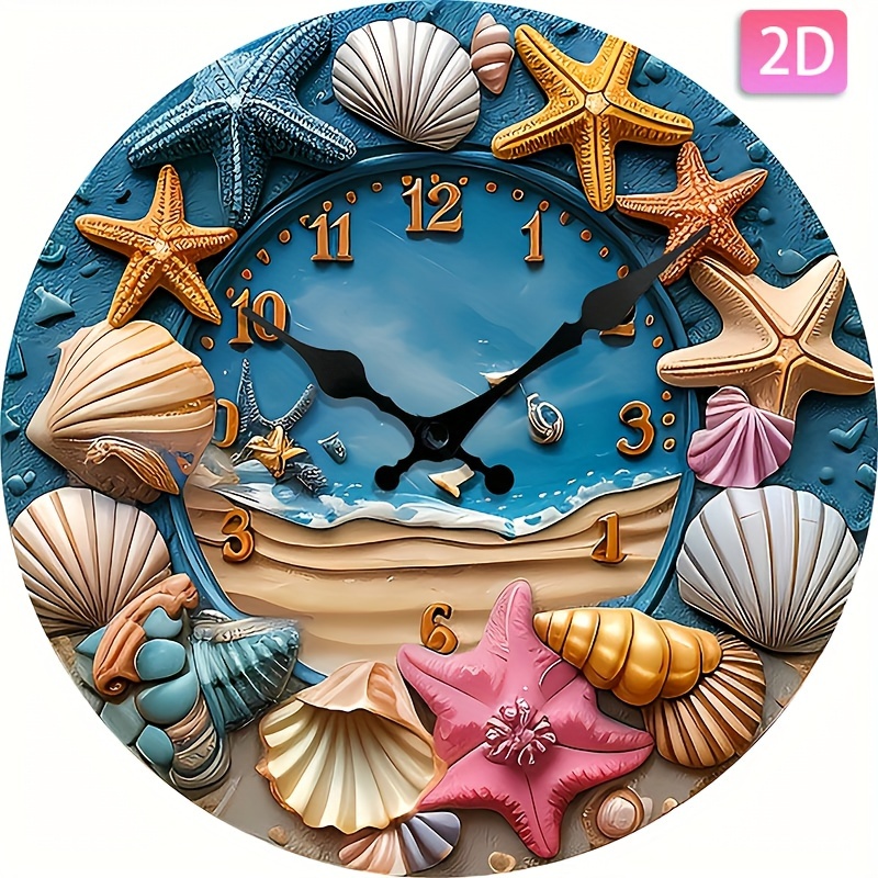 

Silent Wall Clock With Ocean-inspired Shell And Starfish Design, Round Wooden Decorative Clock For Living Room, Bedroom, , Home Office Decor, Ideal Gift