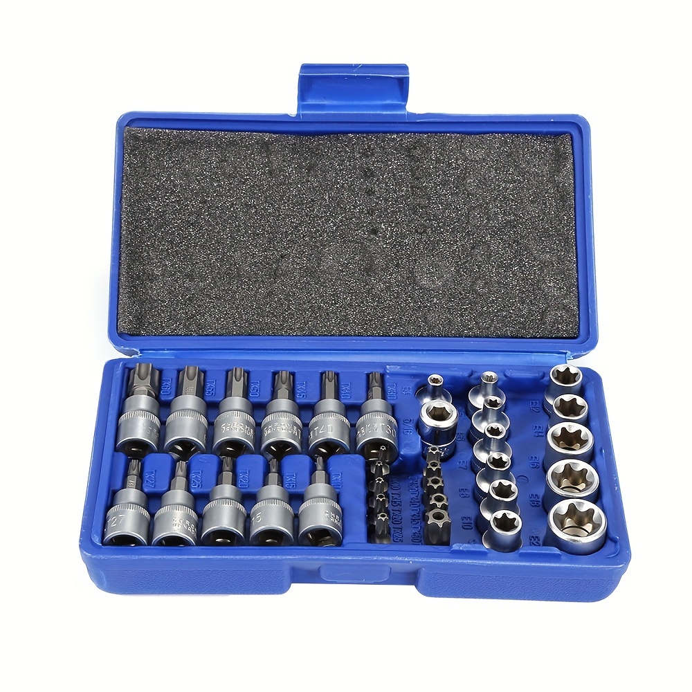 Image of 34pcs Socket Wrench Set, 34pcs 3/8" Torx Socket Set, 34pcs Internal And External Wrench Socket Set, Internal Torx Star Tip - With Blue Carrying Case