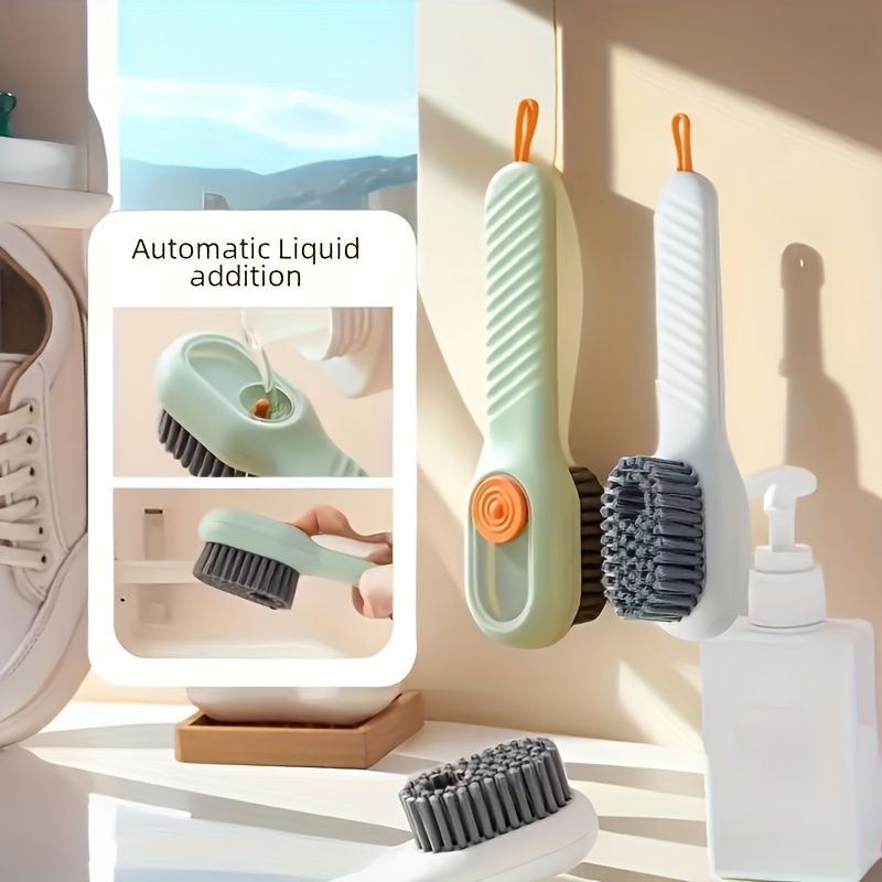 1 multi-functional shoe cleaning brush with built-in soap dispenser - dual bristle types for delicate & tough cleaning, ideal for bathrooms, kitchens, laundry rooms -   plastic handle, shoe cleaner details 0