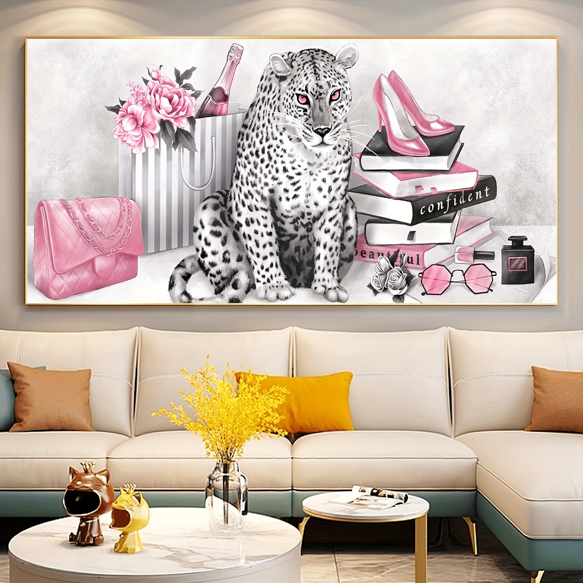 

1pc Unframed Canvas Poster, Retro Art, Cheetah, Bag, Shoes, Book Wall Art, Ideal Gift For Bedroom Living Room Corridor, Wall Art, Wall Decor, Winter Decor, Room Decoration