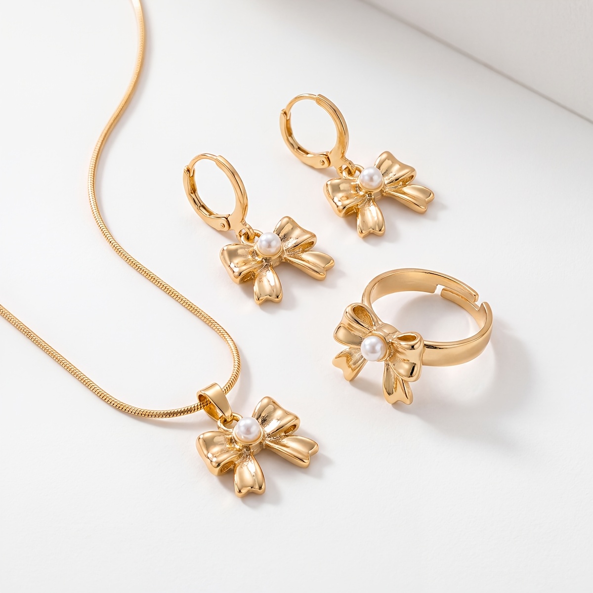 Bow-Shaped Earrings, Necklace, and Ring Jewelry Set, 3pcs