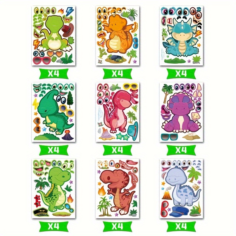 Image of 36 Sheets Dinosaur Stickers For - Diy Make-a-face Fun, Colorful Cartoon Dinosaur Decorations For Birthday Parties, Crafts & Favors, Self-adhesive & Mix-and-match Designs, Dinosaur Party Decorations