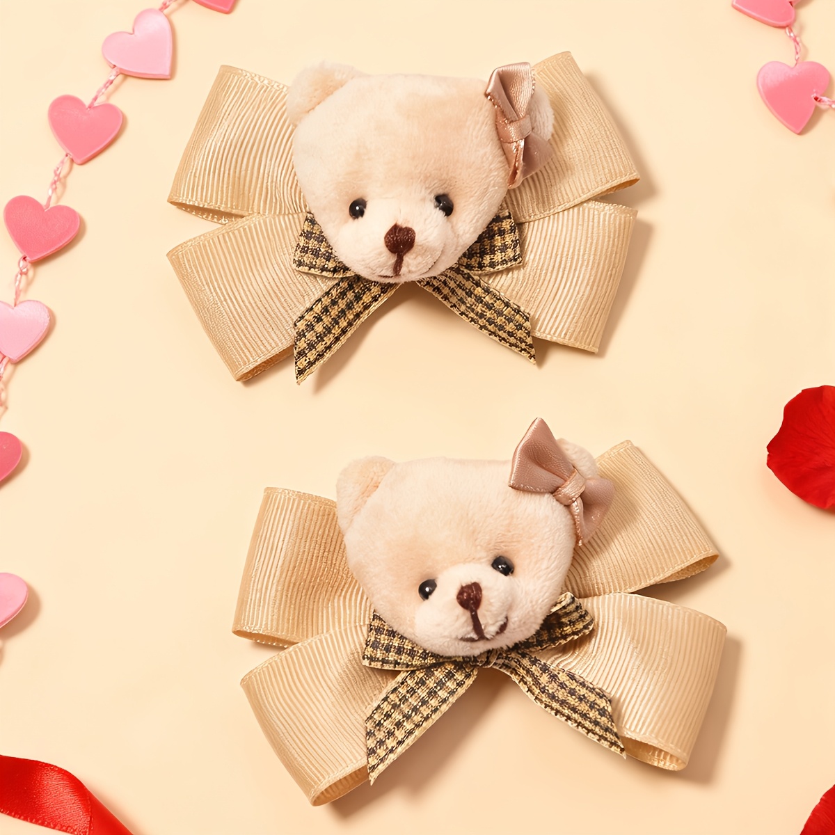 TEMU 2pcs Of Valentine's Day Plush Bear Hair Clips With Bows, Cute And Additions, Colorful And Fashionable, Suitable For Everyday Outfits, Party