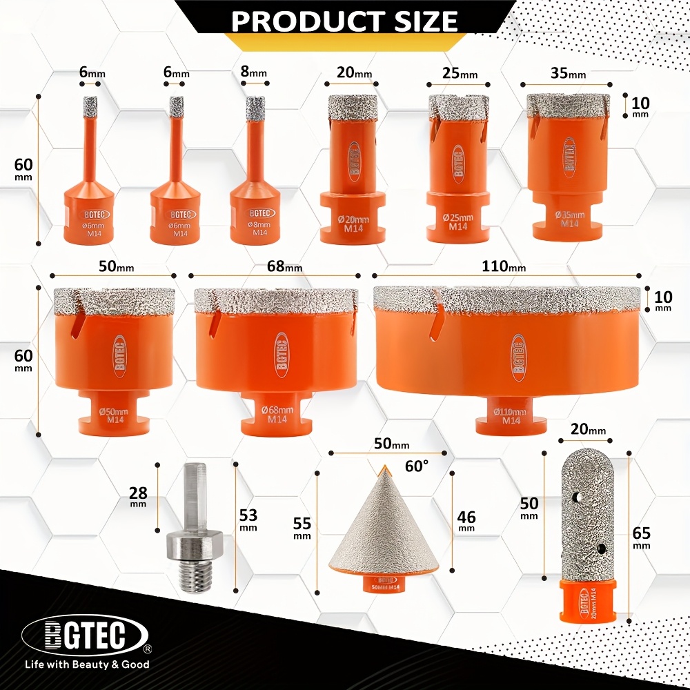 For Tile Kit 12pcs - 6/6/8/20/25/35/50/68/110mm Diamond Core Drill Bits, 20mm Milling Bit And 2 Inch Chamfer Bit And Hex For Tile Porcelain Ceramic Granite