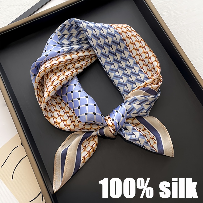 TEMU Pañuelo de seda 100% para citas y té de - Chal cuadrado estilo coreano vintage azul y dorado con patrones geométricos triangulares, transpirable