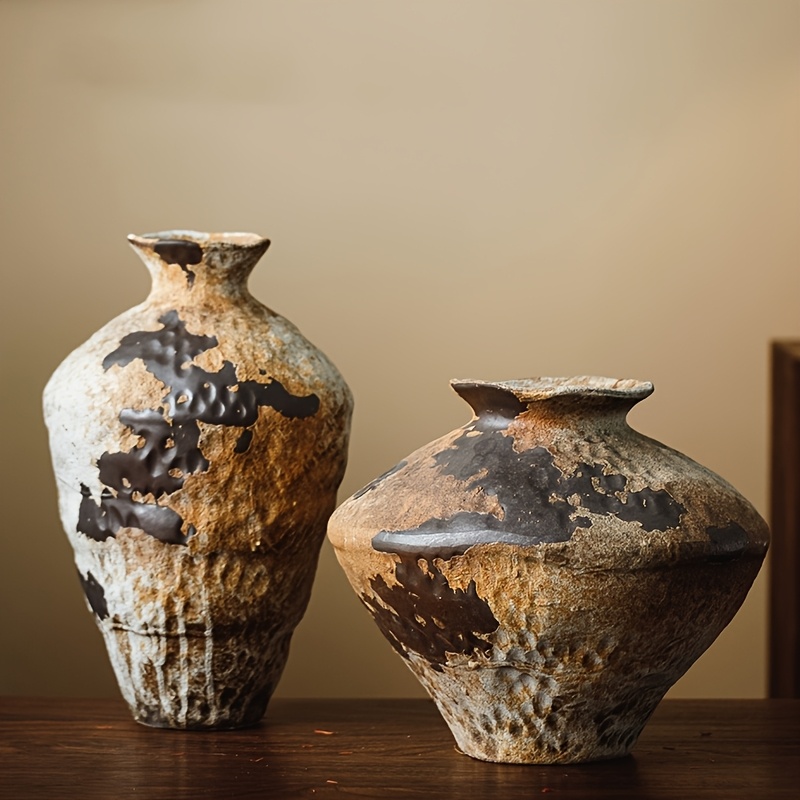 A Rustic Ceramic Vase from a Countryside Cottage - a Vintage-Style Wide-Mouth Decorative Piece, Suitable for Home, Living Room, And Dining Table Decor, Vase Home Decoration