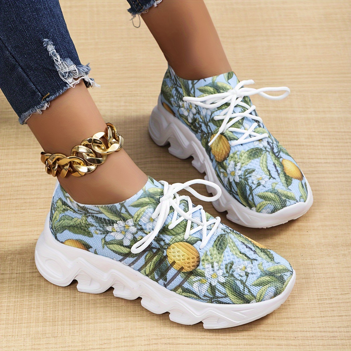 

Women's Lemon Print Casual Athletic Shoes, Comfortable & Breathable Knitted Sneakers, Lightweight Outdoor Walking Trainers