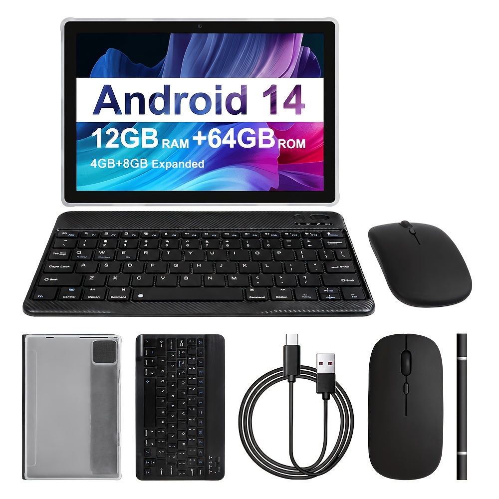 TEMU Tablette 10,1 pouces 14, Tablette 2-en-1 avec , souris, étui de protection, stylet, 64 Go ROM + (4 Go + 8 Go d'extension) RAM, double caméra,