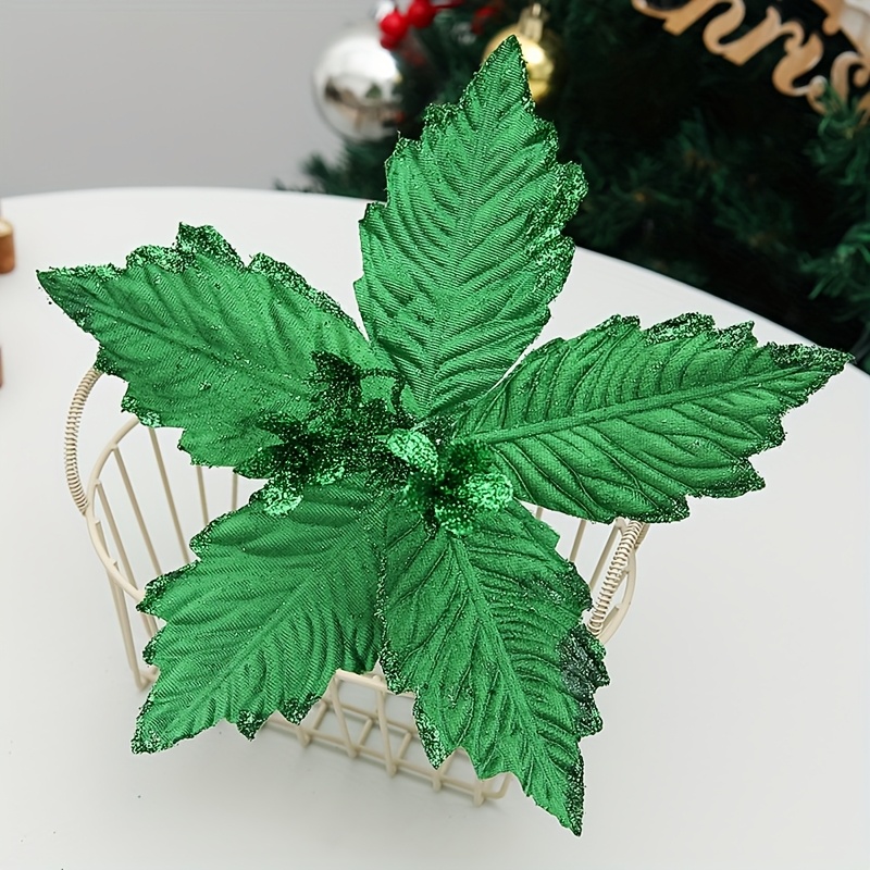 TEMU 6 pièces Verte Pailletée pour Fête 10,23 Pouces Poinsettia Artificiel avec Tiges Ornements Floraux pour Sapin de Noël Couronne Décorations de