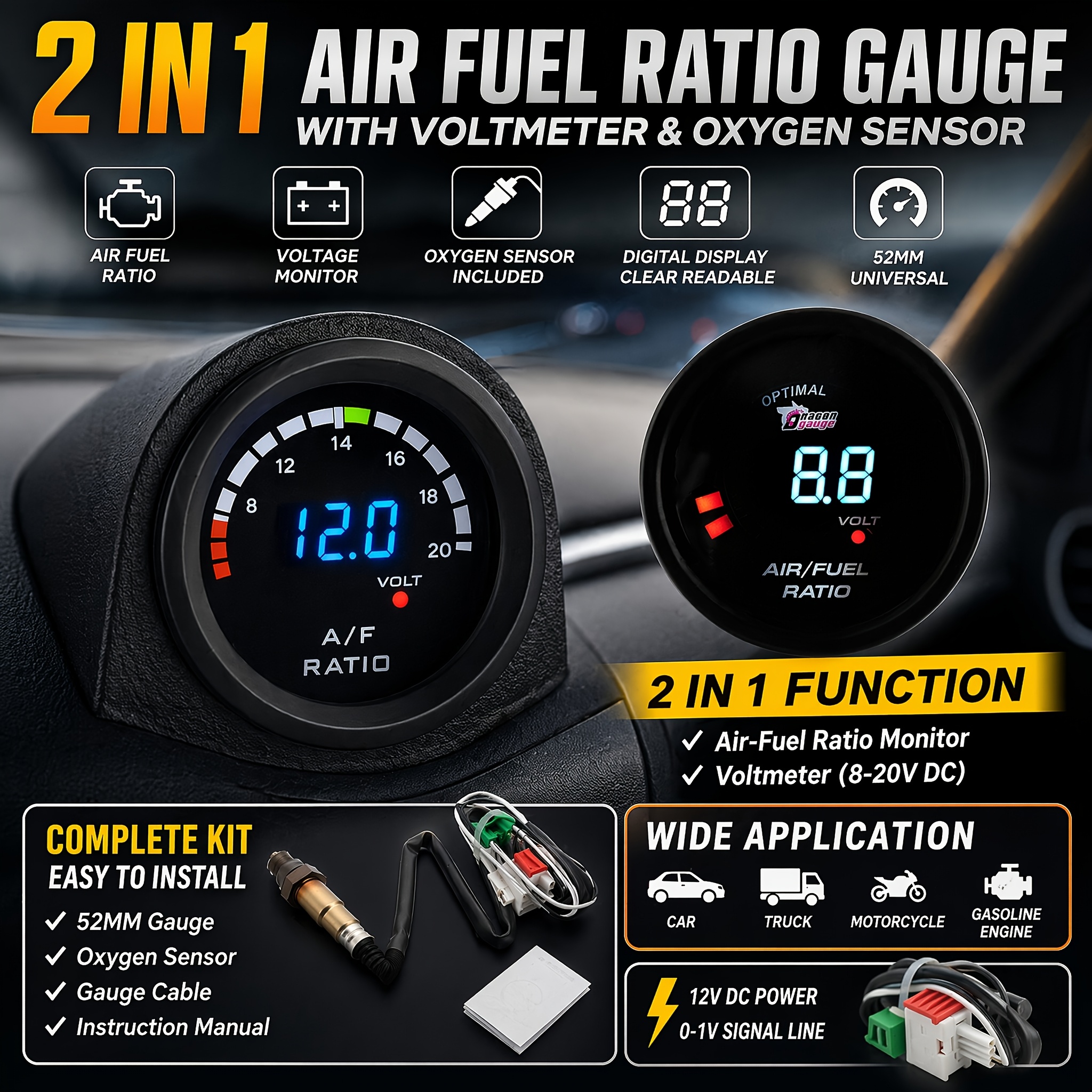 TEMU 52mm Air Fuel Ratio & Voltage 2-in-1 Gauge, Narrowband Monitor Display For 12v Gasoline Car Truck Motorcycle, Face Dial, Tune Engine & Check