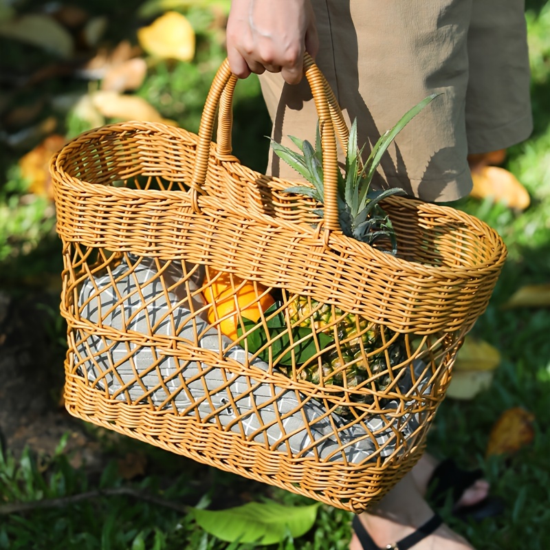 

Chic Imitation Rattan Woven Picnic Basket - Plastic, Portable Shopping & Outdoor Adventure Tote