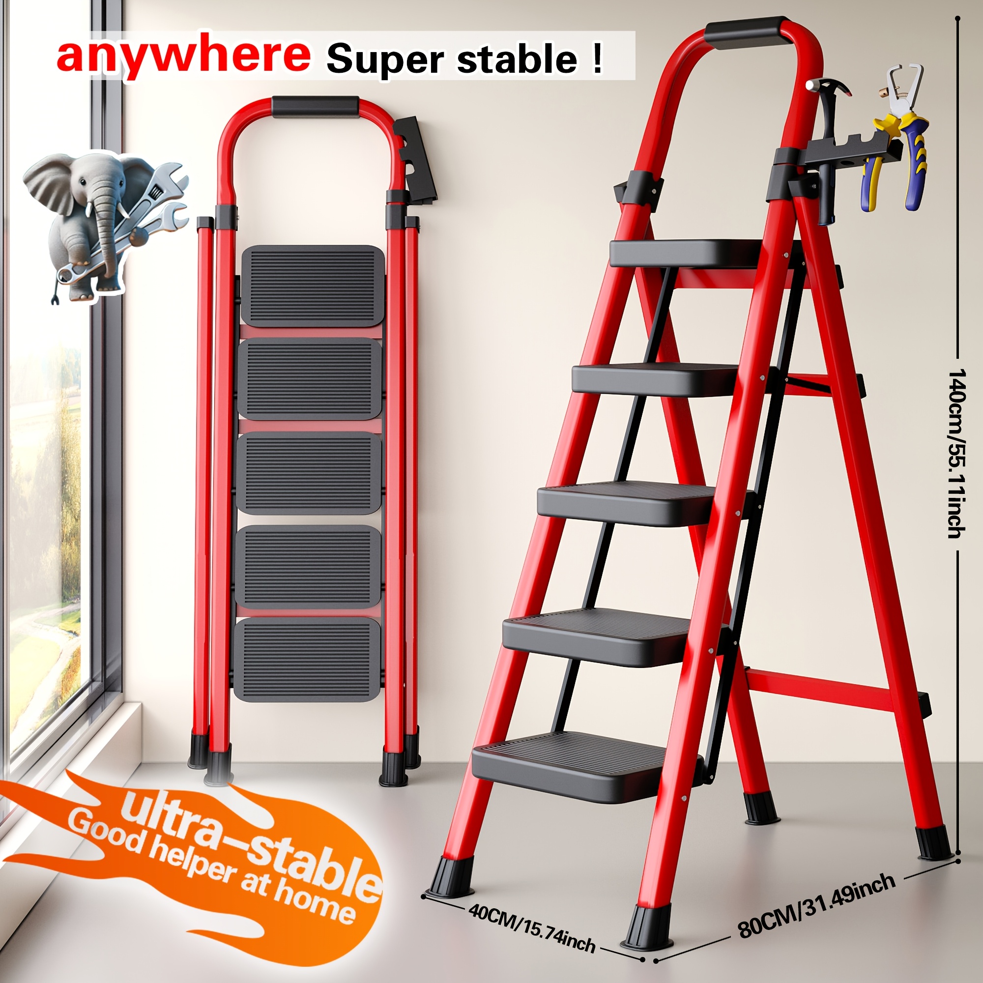 TEMU 450 Lb Heavy-duty Folding Ladder - Industrial/residential Grade Step Ladder With Non-slip Steps, Thickened Metal Construction, Space-saving