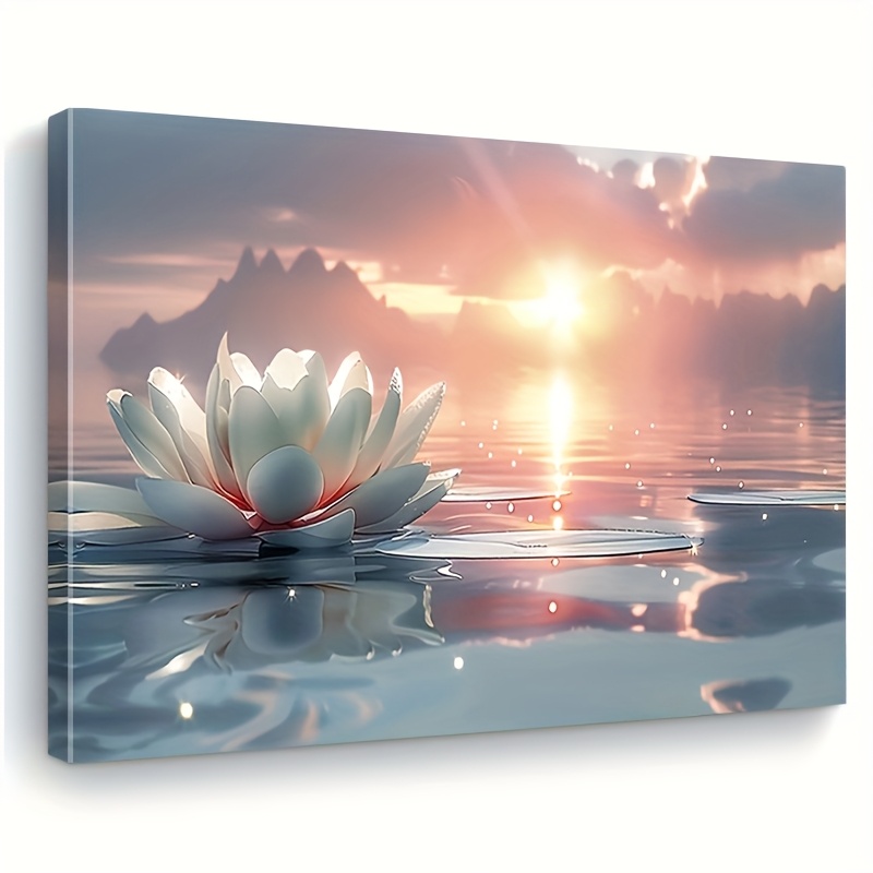 TEMU 2d Flat, 1pc Elegant White For Lotus Framed Canvas - Frame Suitable For Living Room, Bedroom, Kitchen Decor, Minimalist Botanical, Hanging