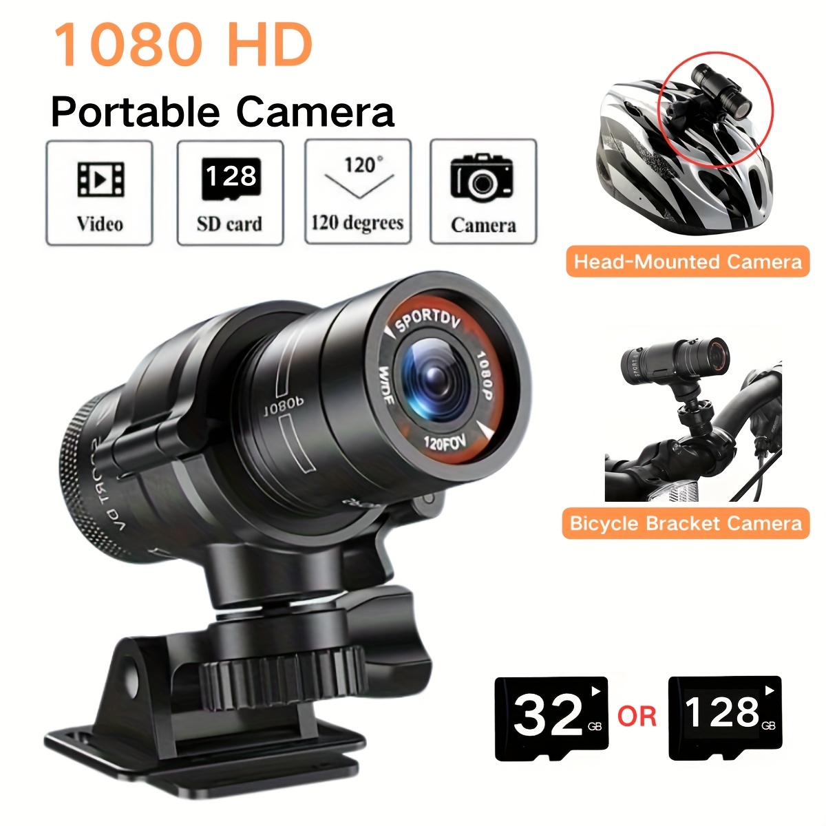 portable hd 1080p hd f9 helmet camera 32gb-128gb sd card included
