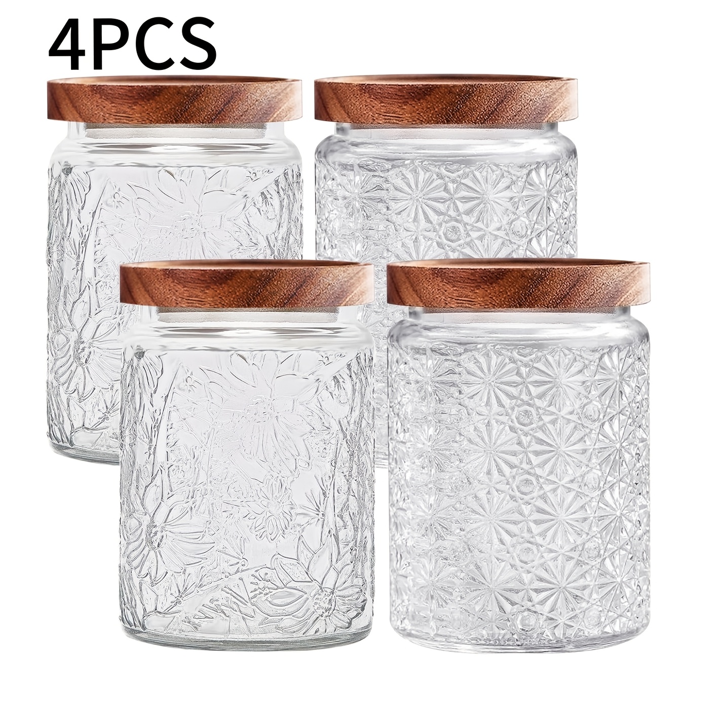 TEMU 4pcs/6pcs Large Glass Jars With Wooden Lids - 24oz Round Sealed Storage Containers Suitable For Kitchen Pantry, Spacious -off Lid Jars For Dry