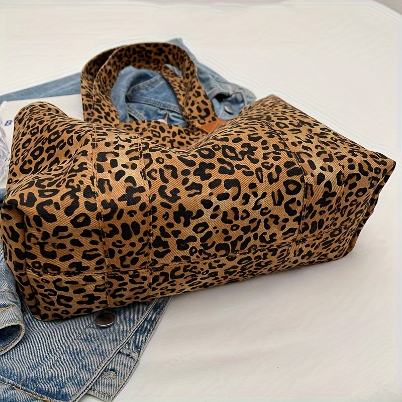 chic leopard print canvas tote bag for women spacious shoulder handbag with zip closure nylon lined details 3