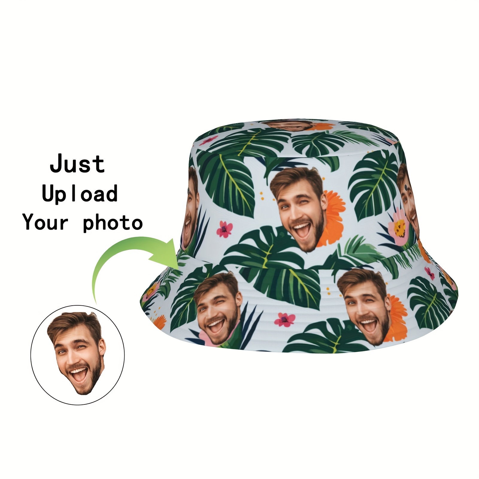 

Chapeau Seau Photo Personnalisable – Casquette de Pêcheur Personnalisée avec Votre , Motif de Feuilles , Idéal pour , pour la Plage d'Été & les Amusants