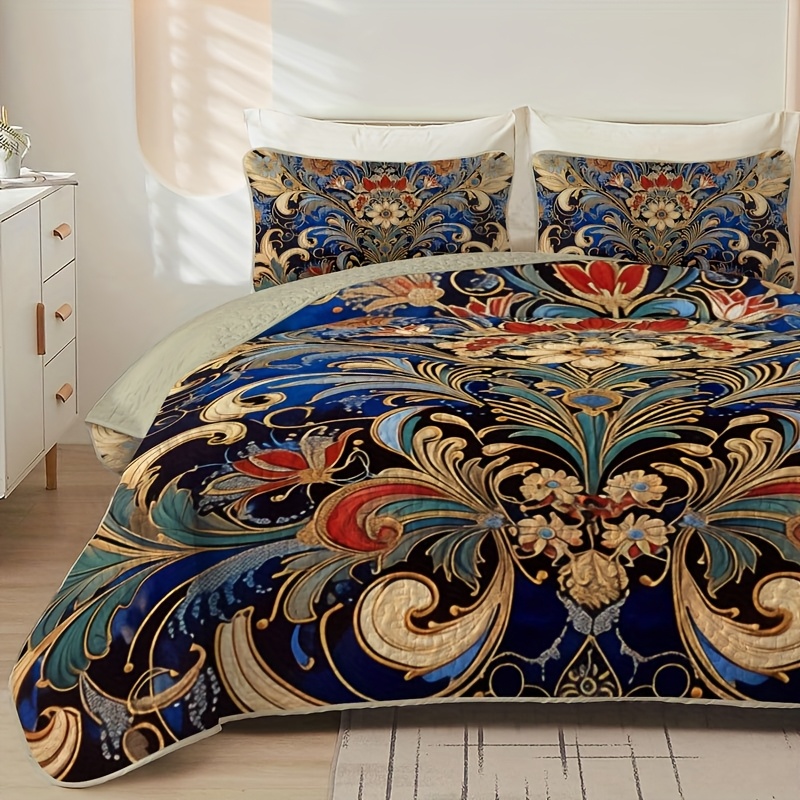luxurious baroque style ornate pattern quilt set 1 quilt 1 2 pillowcases without fillers thin lightweight and   bedspread with vibrant prints hypoallergenic breathable   bedroom vacation homes guest rooms