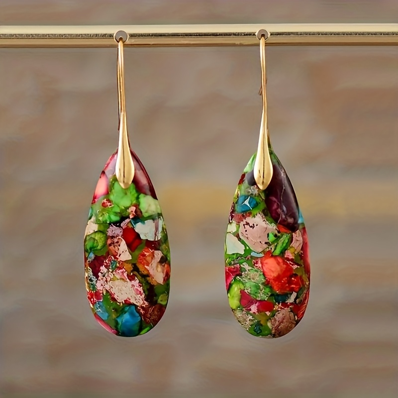TEMU Pendientes colgantes de declaración Boho Chic de piedra natural para mujer, jasper imperial verde floral con gancho chapado en oro, elegantes