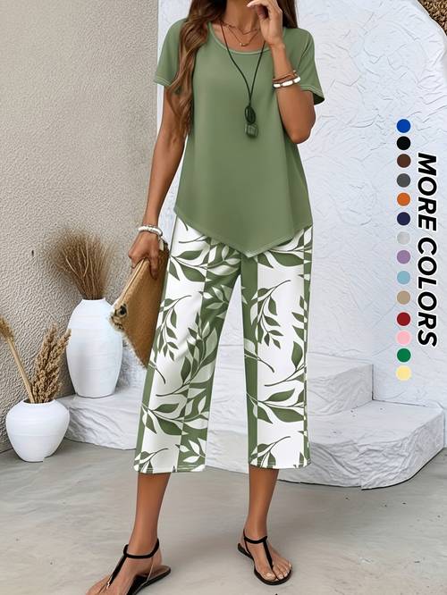 spring and summer womens casual two piece set light blue short sleeved round neck and print quarter wide legs loose and comfortable versatile and casual set for daily home and commuting