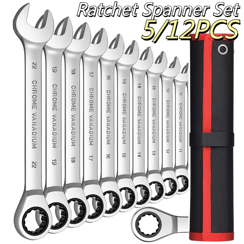 

Asdtodw 5/12pcs Ratchet Spanner Set, Stainless Steel Combination Wrench With Roll Bag, Ideal For Home, Bike, Car Repairs, Father's Day Gift