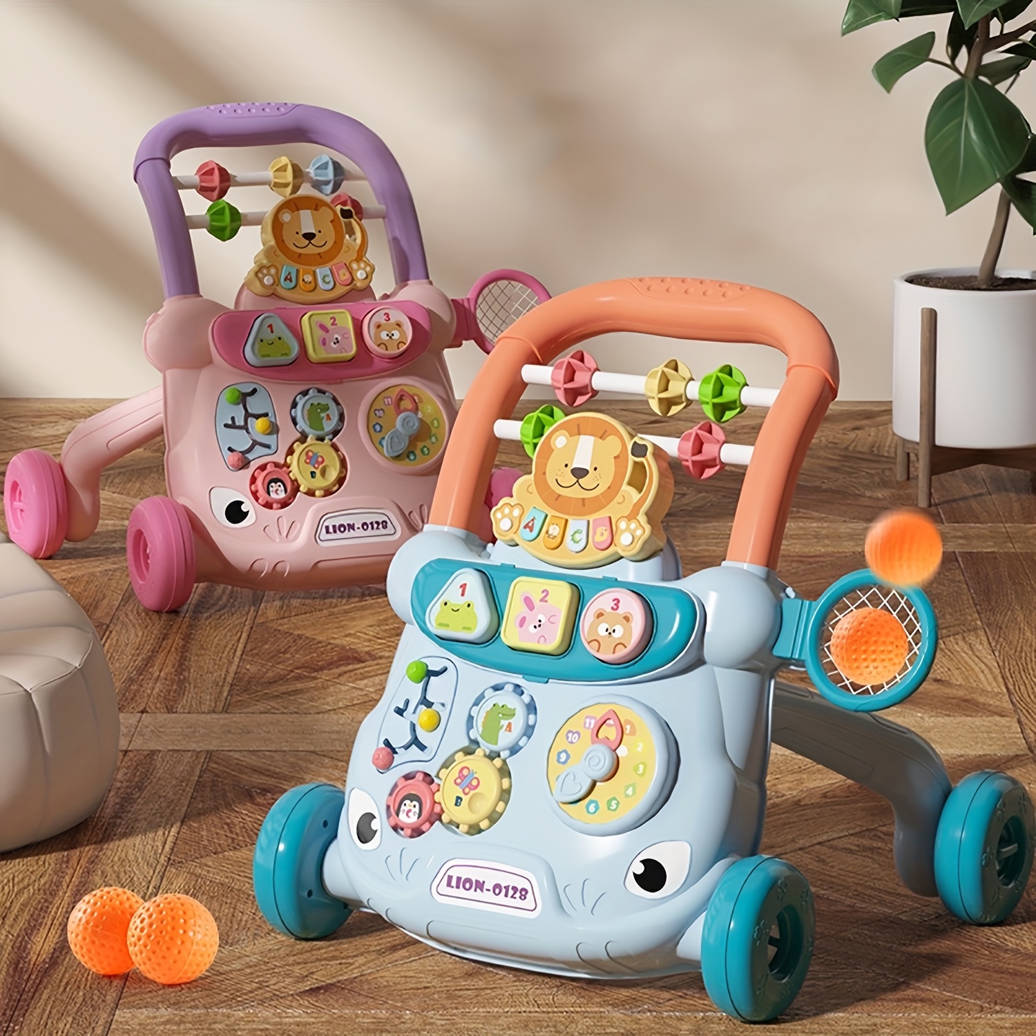 Baby Push Walker with Educational Play Learning Panel & Interactive Toys - Sit-to-Stand Activity Center for Toddlers, Lion Design Soft Wheels, Motor Skill Development for Boys & Girls (Pink/Blue), Walkers for Babies, Playful Animal Theme, Childsafe Materials, First Walkers, Engaging Toddler Gear, Sturdy Construction, Early Learners