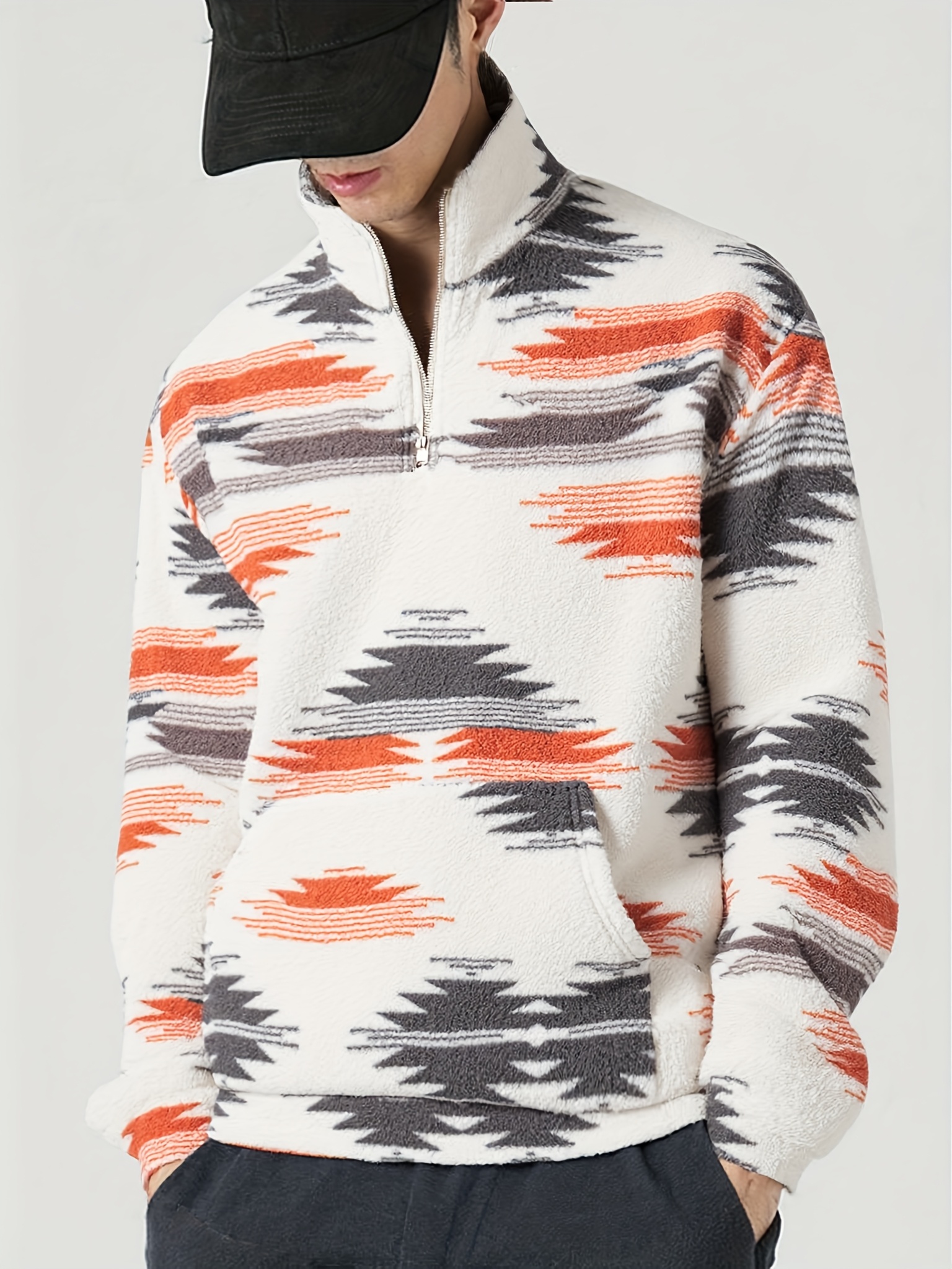 Sudadera de felpa cálida con media cremallera y cuello alto hasta medio, para hombre, otoño invierno