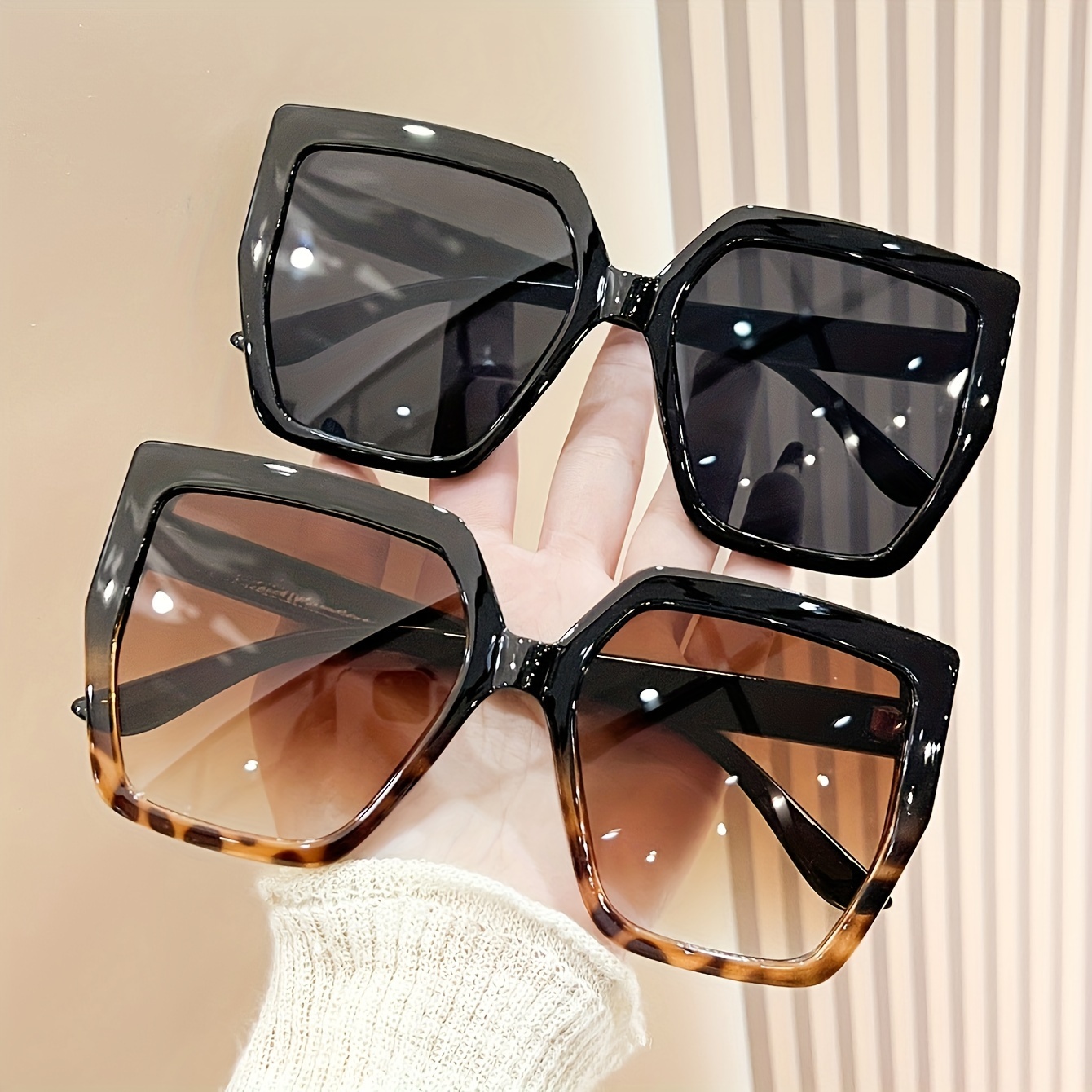 

2pcs Oversized Square For Women And Men, Retro Leopard Print And Solid Black, Uv Protection, Fashion Shades For Travel & Vacation