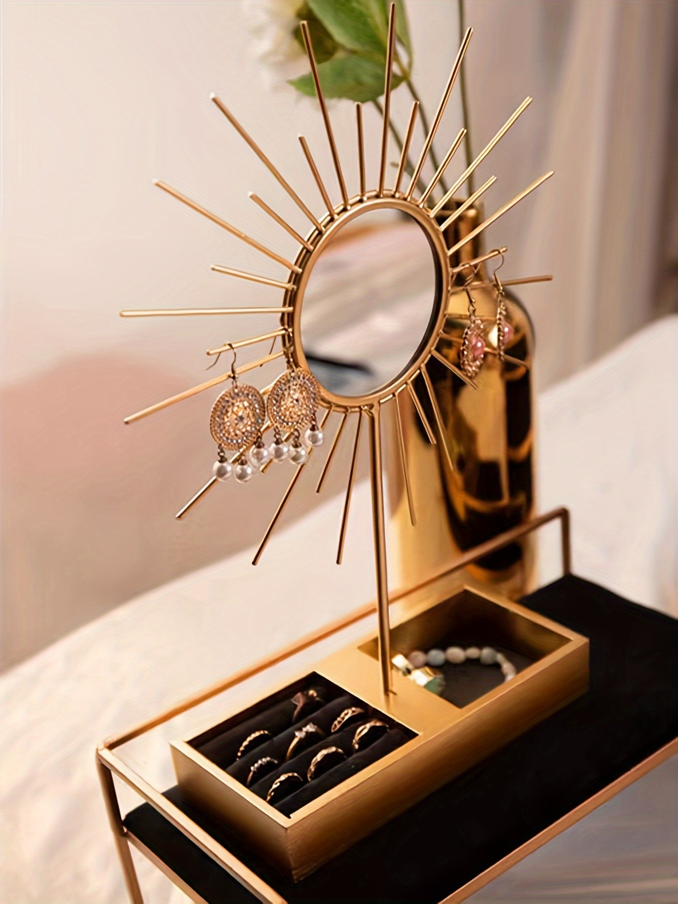 1pc Golden Metal Jewelry Organizer with Oval Tabletop Storage for  Earrings, Rings, Necklaces Decorative Desktop Accessory for Home  Office, - Main Image