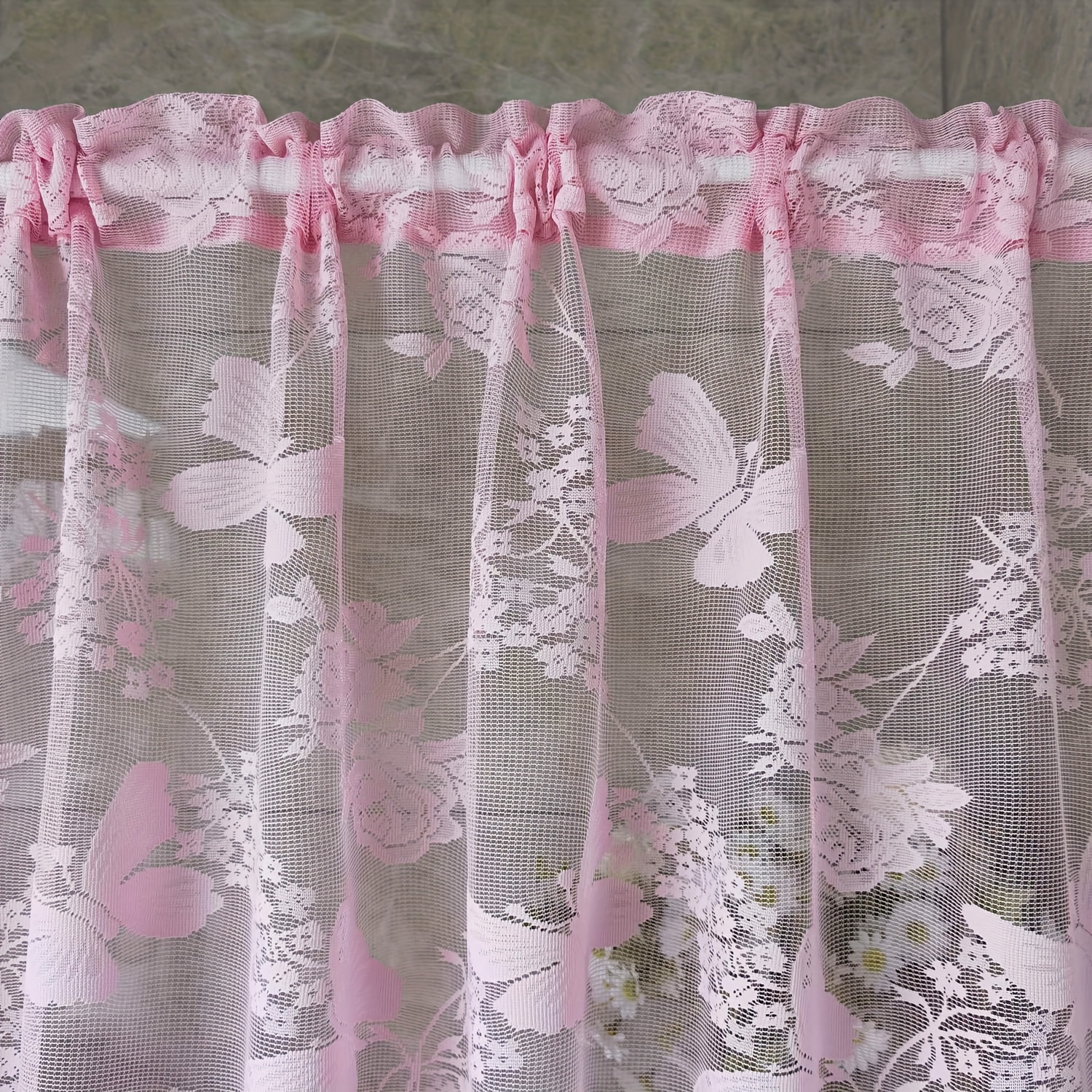 TEMU 1pc Lace Floral Sheer Curtain Valances French Rod Pocket Window Drapes For Cafe, Kitchen, Living Room Small Window Half Curtain