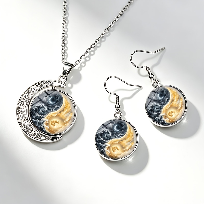 3pcs Yin Yang Necklace Earring Set with Moon Design