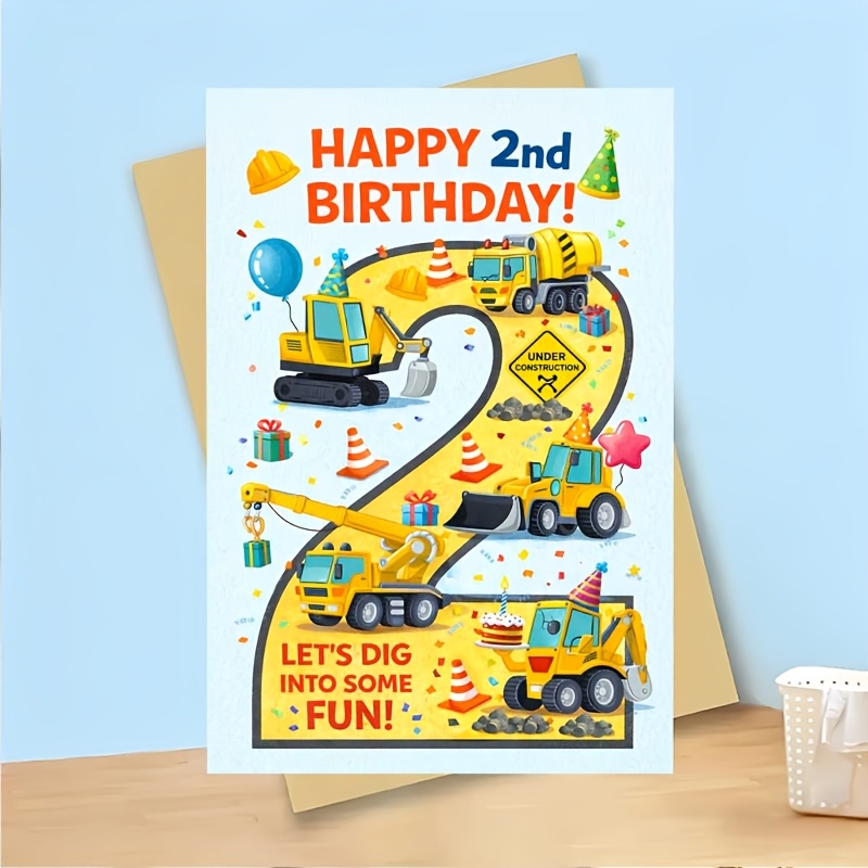 TEMU A Single Construction-themed Birthday Card Featuring Excavators, Dump Trucks, And , A Fun Party. This Adorable Under-construction Ideal For Your