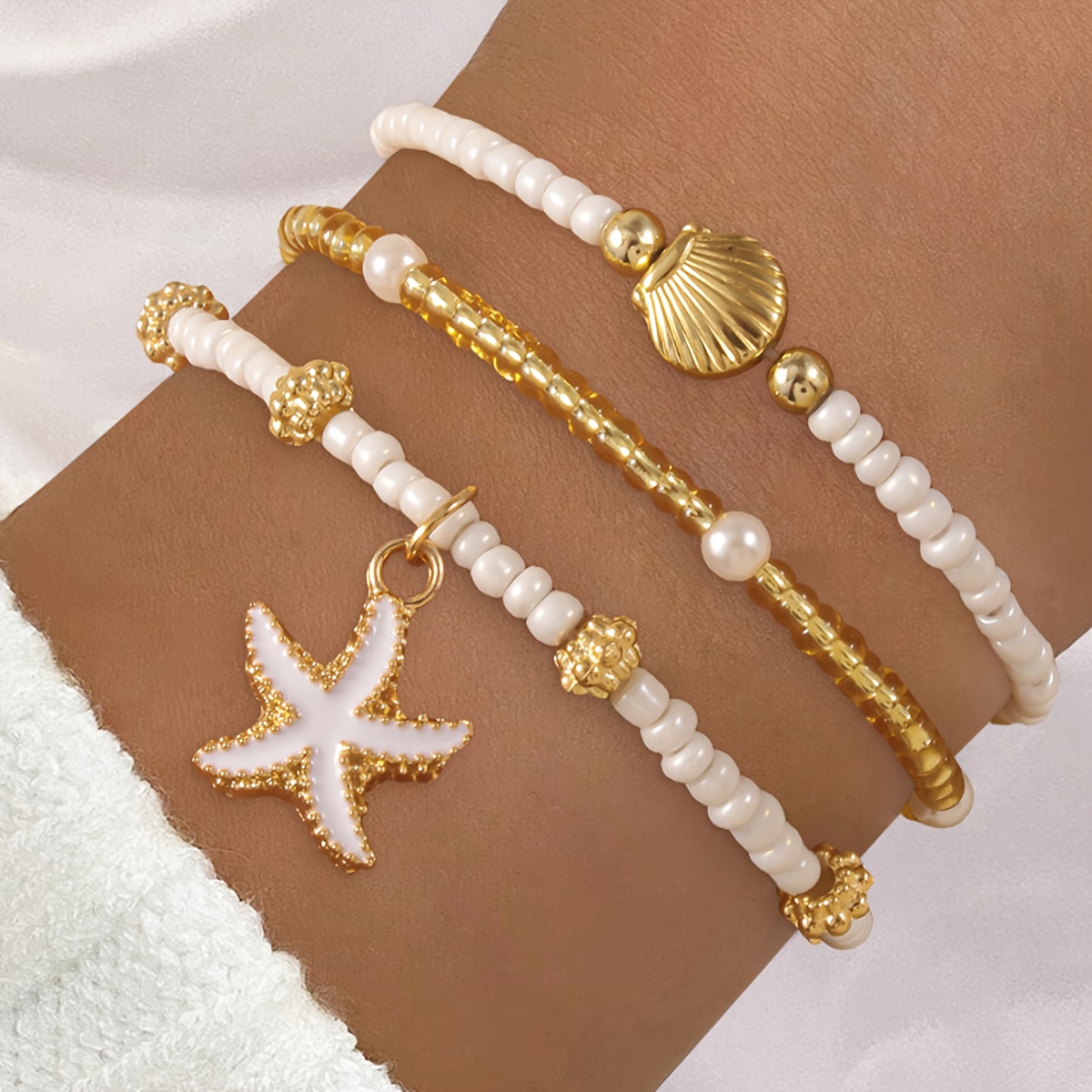 TEMU 3pcs Summer , Fashionable Individual White Oil Artificial Starfish, Artificial Shell Shaped Design Pendant Bracelet, Bohemian Style Rice Bead