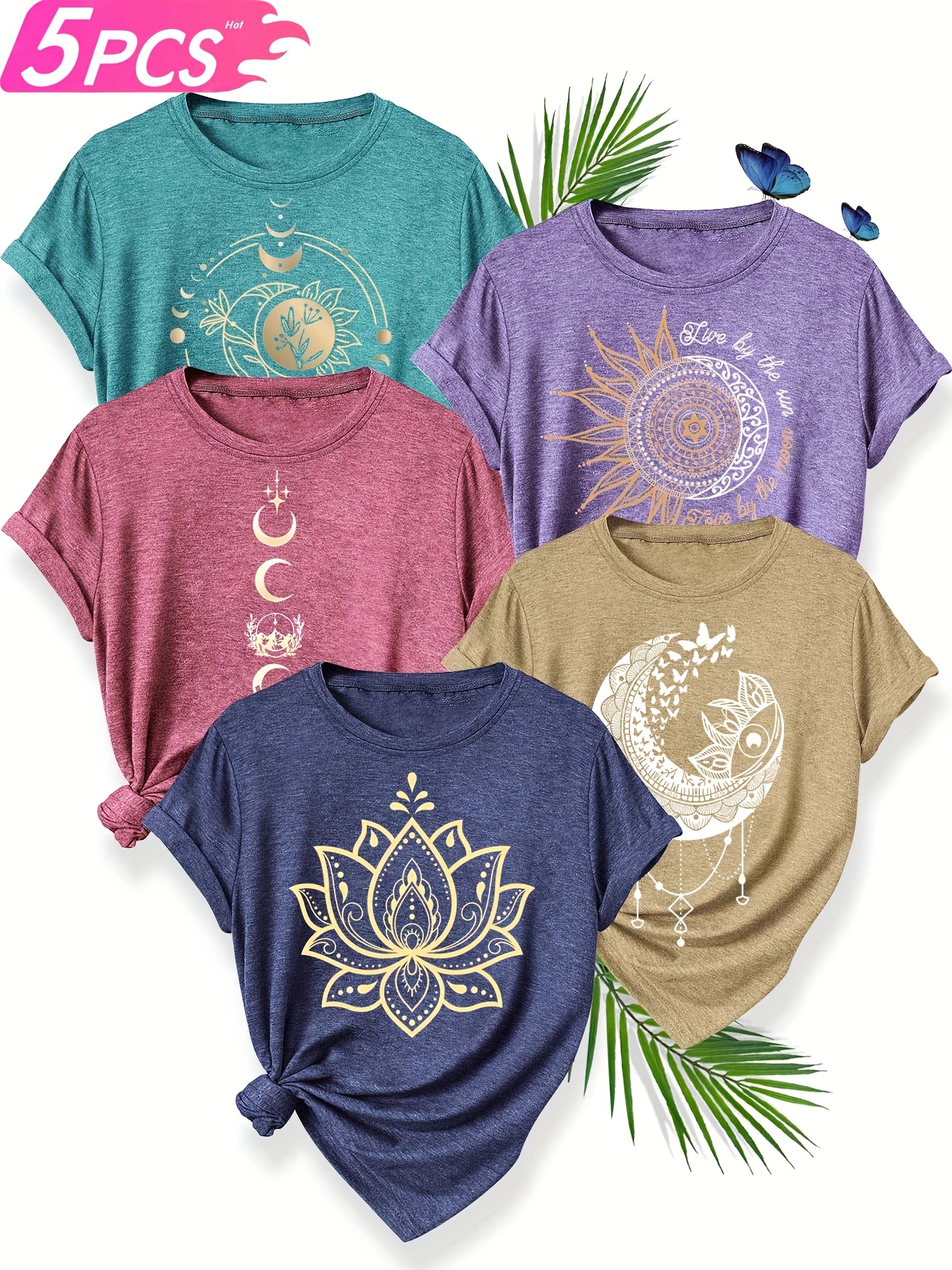 5pcs womens retro   print t shirts   round neck short sleeve summer casual   vibrant colors pink purple   yellow comfortable polyester blend for casual attire ladies t shirts