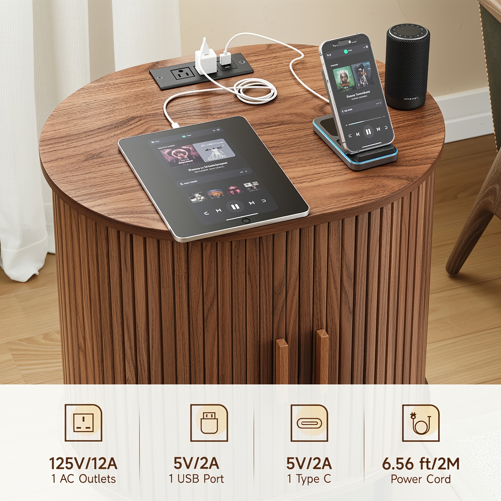 2pcs Mid-Century Modern End Table with Storage & Charging Station - Nightstand with Sliding Door Cabinet, Adjustable Shelf & Leg Pad, Compact Space-Saving Suitable for Small Spaces, Living Room, Bedroom - Assembly