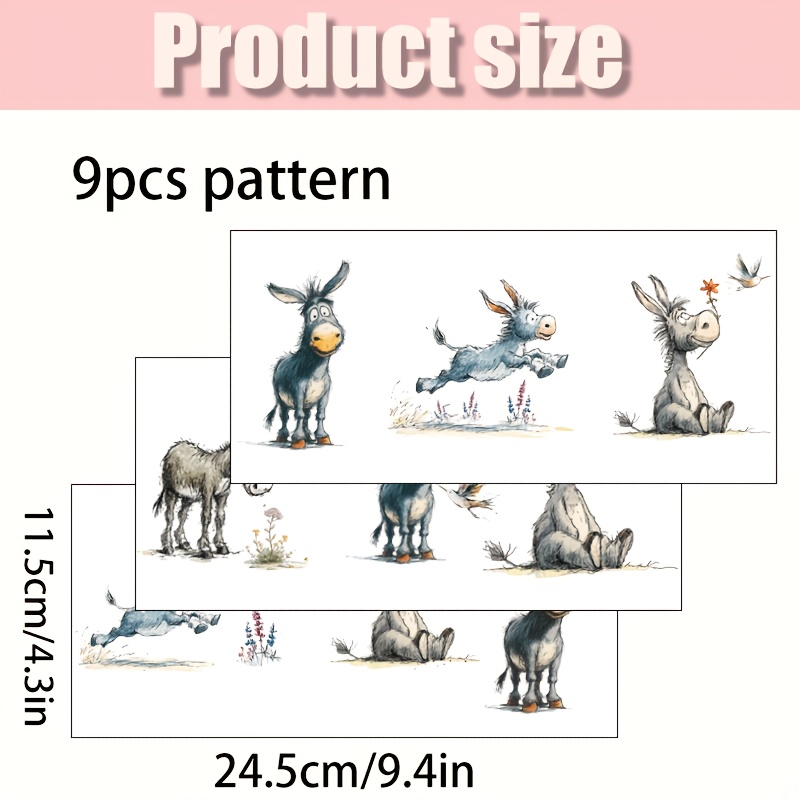 Image of 9pcs Watercolor Funny Donkey Uv Transfer - For Crafts, Mugs, Laptops & Water Bottles, Self-adhesive Plastic, Mug Decoration, Laptop, Holiday Decorations, Festive Designs, Highquality Prints, Durable