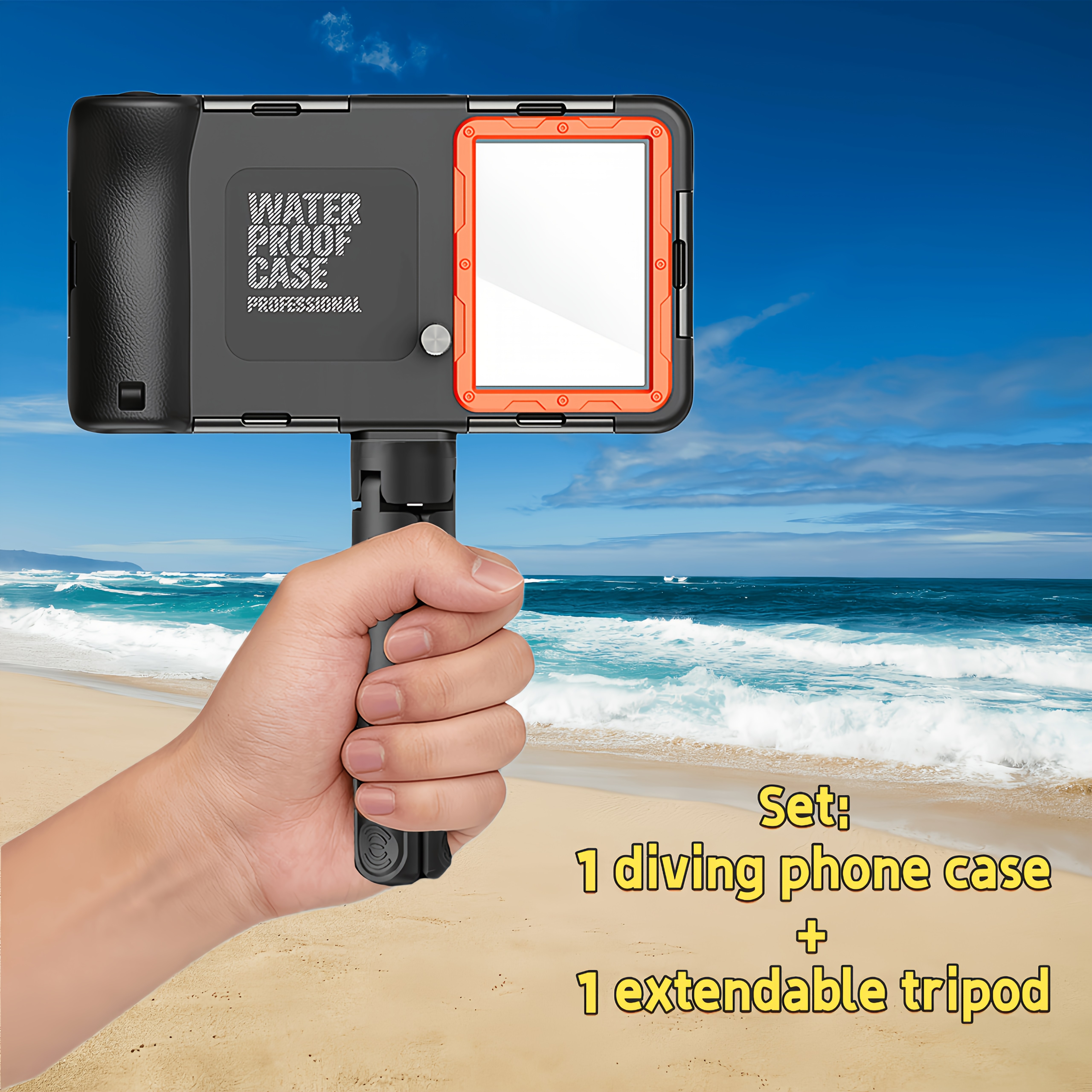 TEMU New Set Diving Phone Protective Case And Telescopic Handle Tripod Multifunctional 15m/50feet Underwater Stable Photography Prevent Shaking Ip68