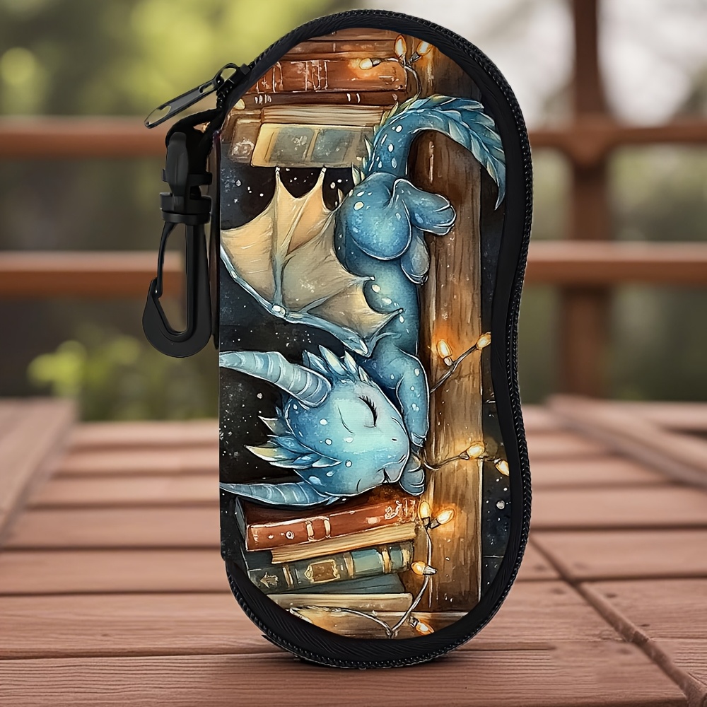 TEMU 1pc Double-sided Printing Ultra-lightweight Polyester Dragon Glasses Case With Zipper, Fashionable Bookshelf Design, Suitable For Men And Women,
