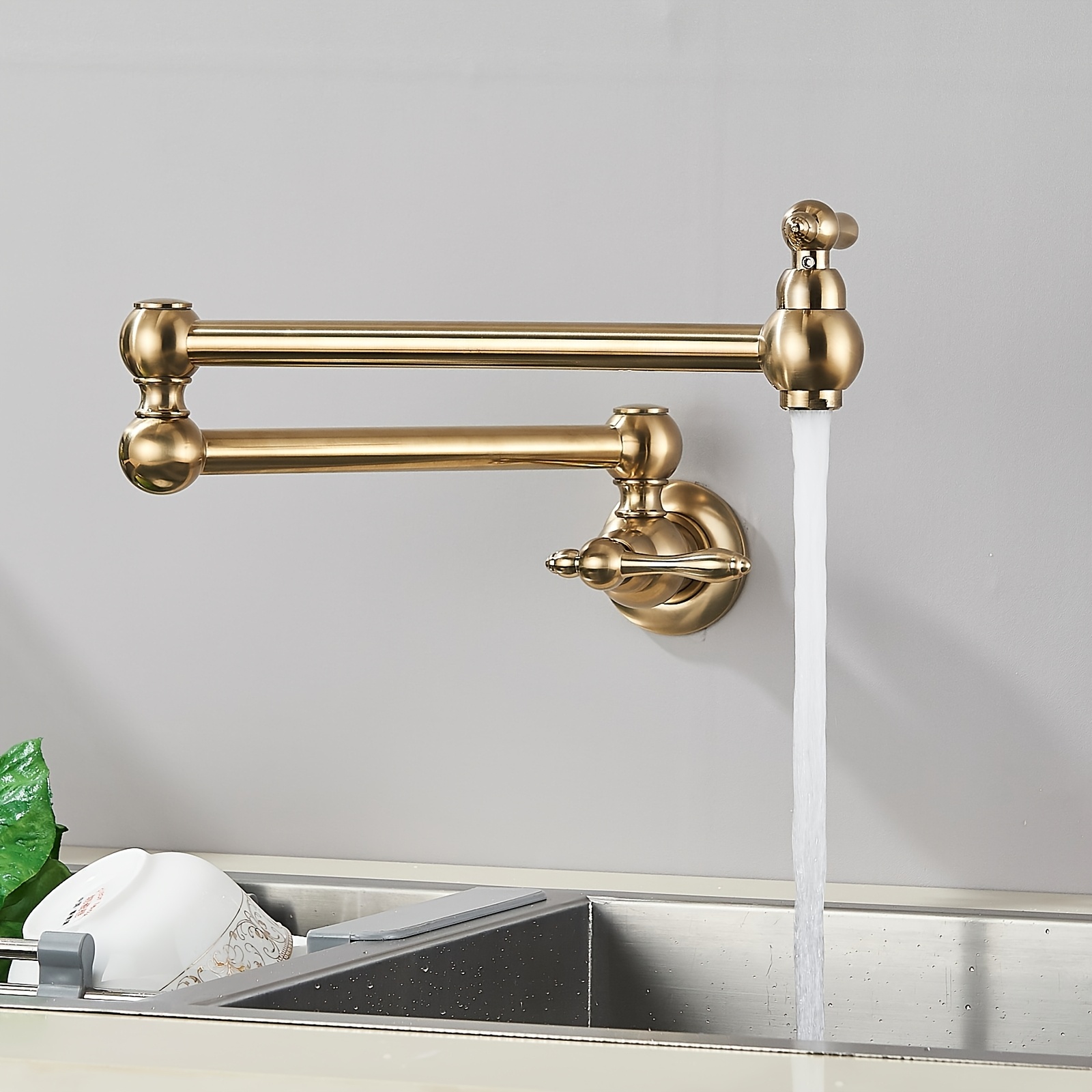 Wall Mounted Faucet 2 Handles Double Joint Swivel Single Hole Commercial Kitchen Faucet Over Stove
