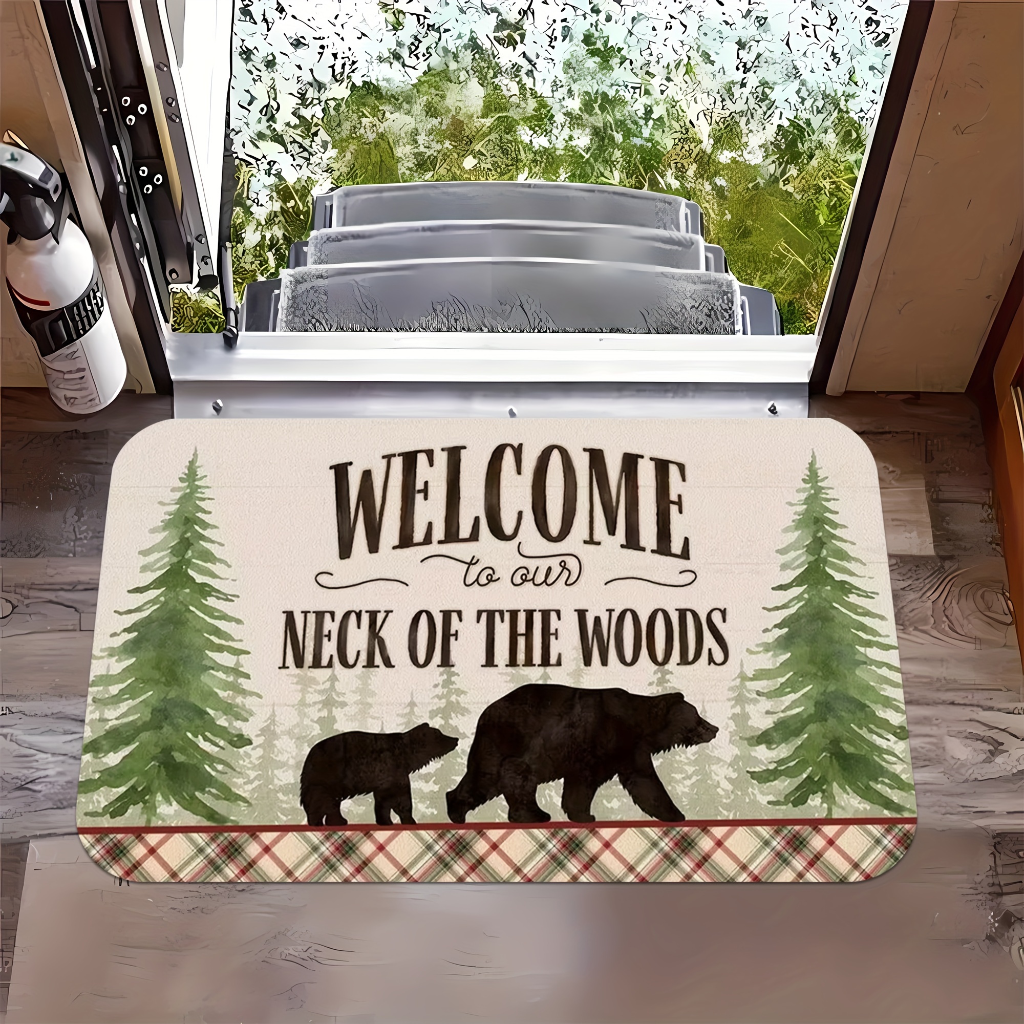 

Welcome To Our " Bear Cabin Design Door Mat - Non-slip, Easy Clean, Stain Resistant, Machine Washable Flannel Rug For Living Room, Bedroom, Kitchen, Office & Vacation Home Decor