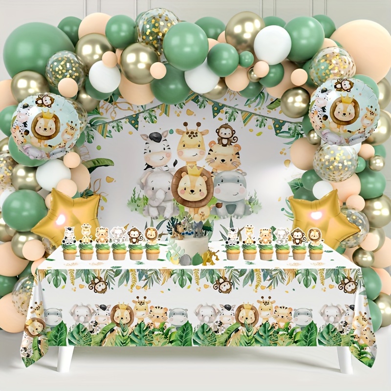 

86pcs, Jungle Animals Birthday Background Tablecloth Balloon Set, Happy Birthday Party Decoration Photograph Background Banner, Sage Green Leaf Style Photo Props Backdrop Tablecloth Supplies