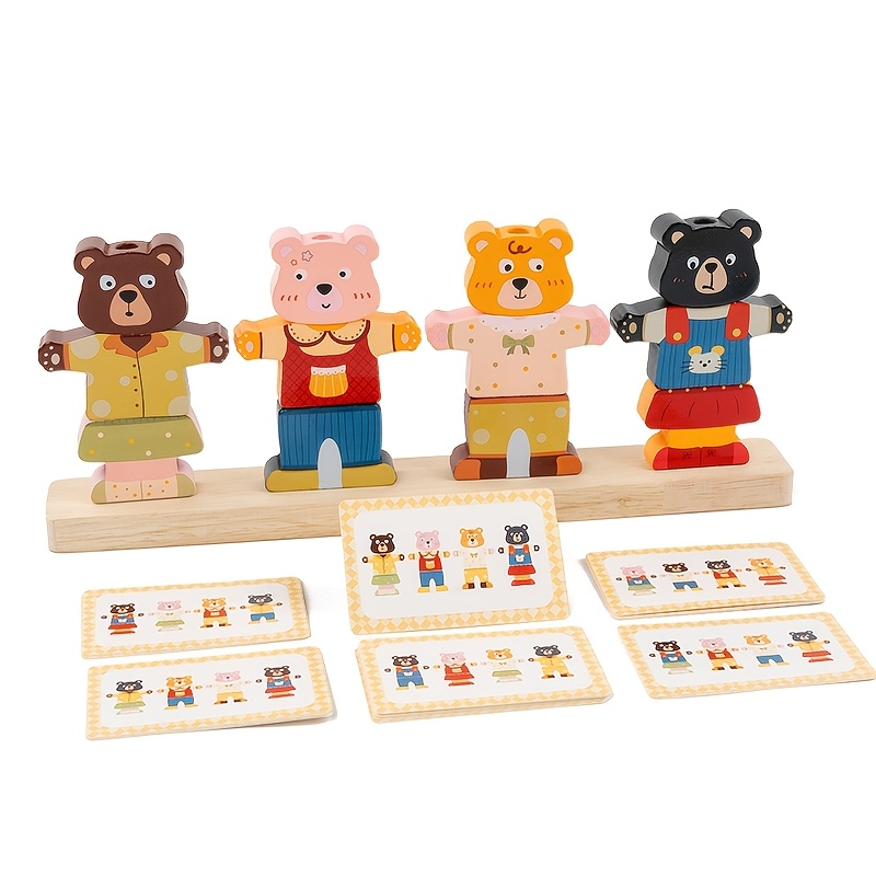Wooden Bear Matching Blocks With Sturdy Solid Wood Base, 20 Double-sided Cards, -based Paint, Building Toy For Toddlers' Hand-eye Coordination