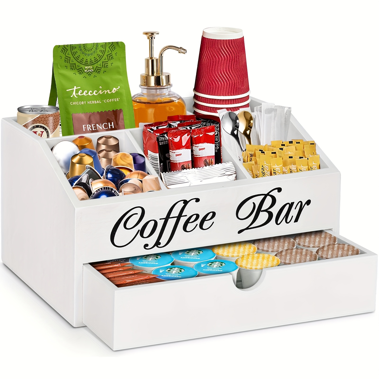 Wooden Coffee Bar Organizer - Countertop Stand With Drawer, Coffee Pod Holder & Storage Basket