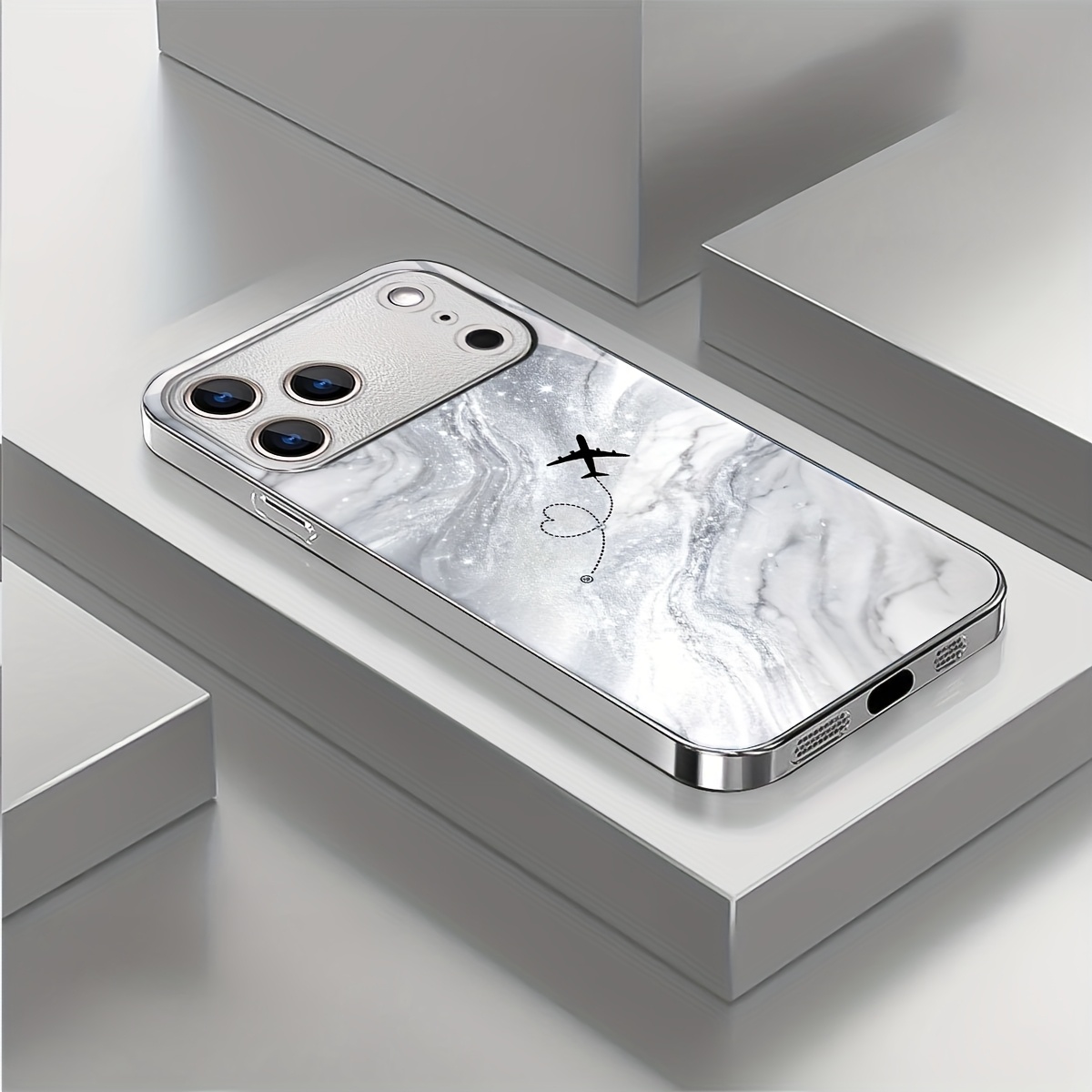 TEMU Phone Case - 2dflat, Gray- Airplane Trajectory Pattern Plated Glass Phone Case Suitable For Iphone 17/17pro/17promax/17air,