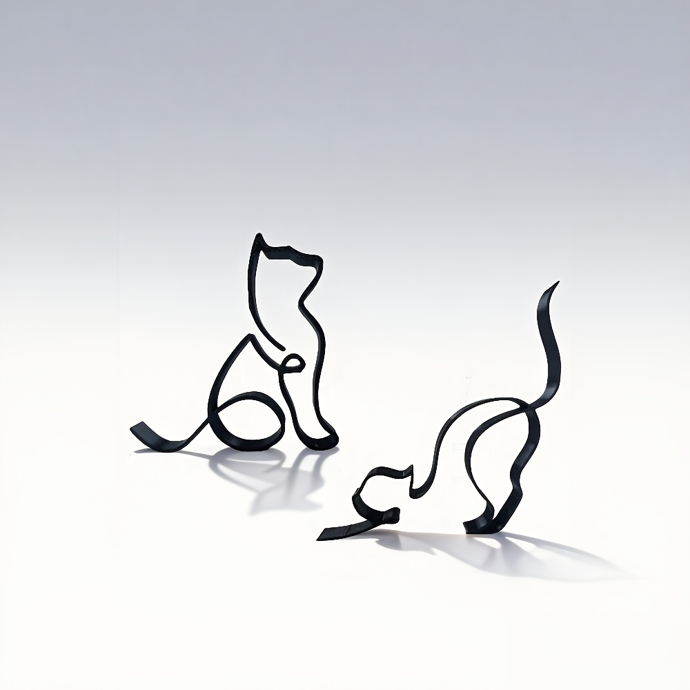 TEMU 2pcs Minimalist Line Art Cat Figurines - 2 Styles Modern Plastic Cat Sculptures Suitable For Desktop & Shelf Decor, Cute Animal Collectible