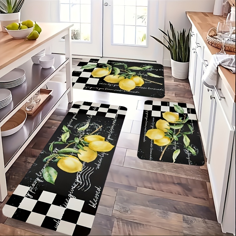 

Lemon Design Kitchen Rugs Set 3pcs - Non-slip, Water Absorbent, Machine Washable Polyester Mats For Bedroom, Living Room, Laundry Room - Decorative Flannel Area Rugs With Anti-slip Backing