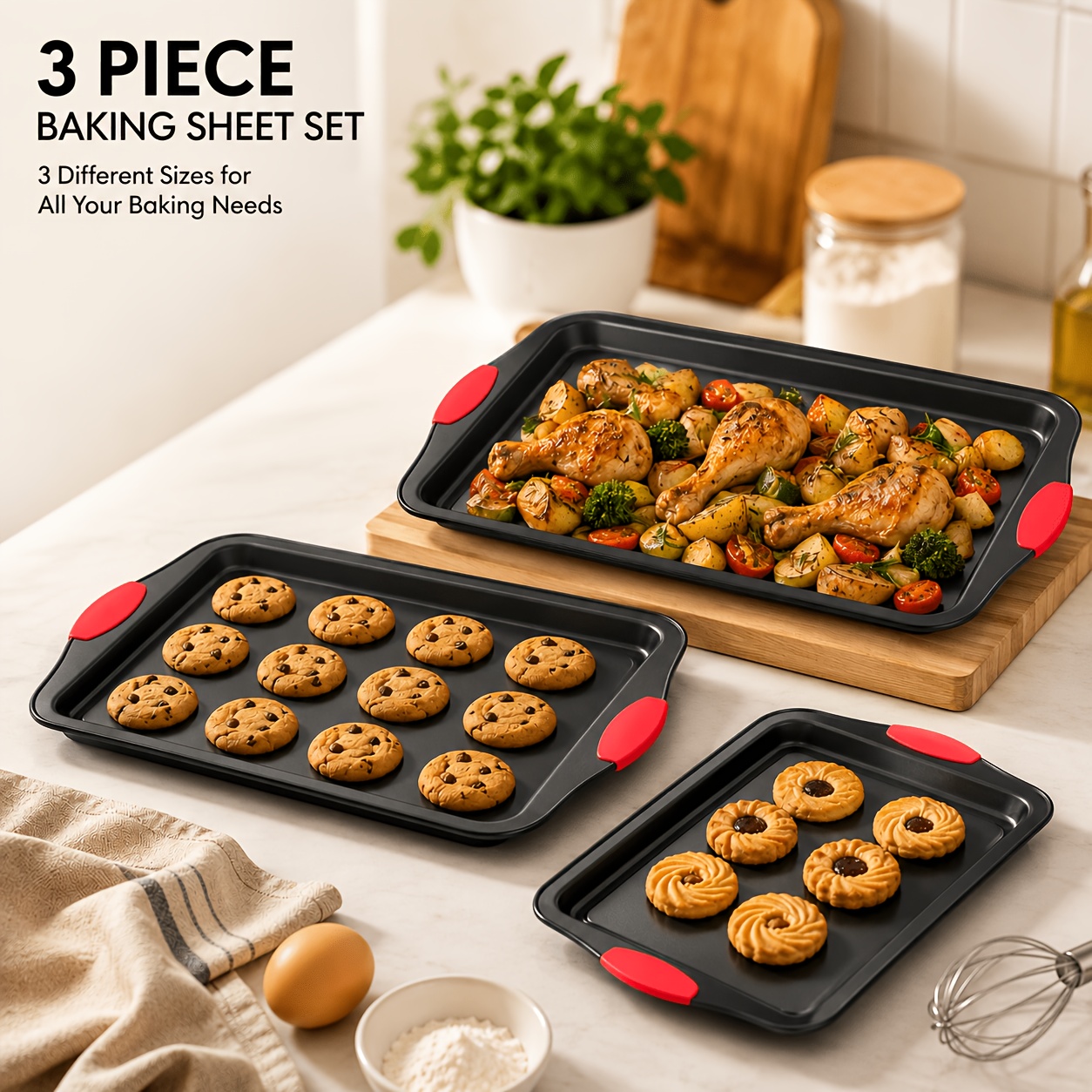 Temu – TEMU 3pcs Carbon Steel Oven Bakeware Set With Red Silicone Handles Commercial-grade